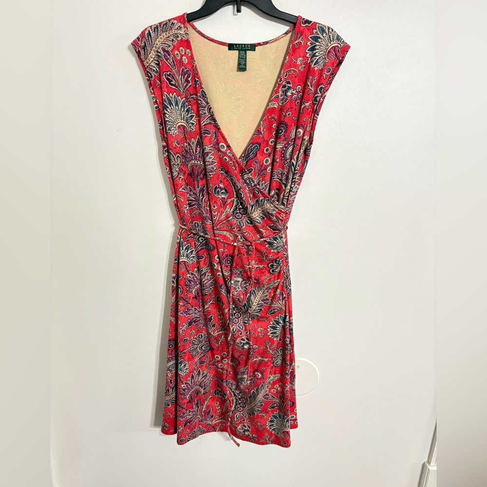 Lauren Ralph Lauren women's coral paisley faux wrap stretch jersey dress